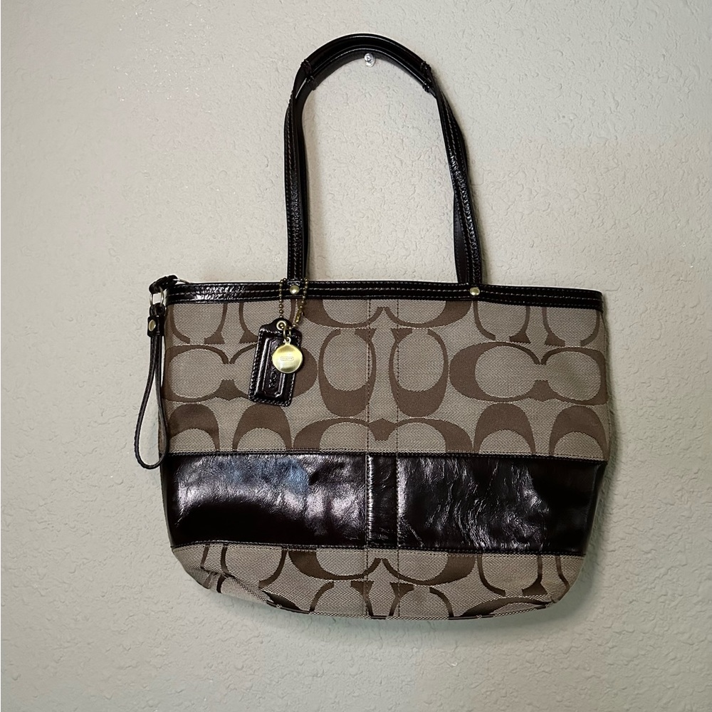 Coach Signature Canvas & Leather Brown Tote Handbag - Picture 2 of 13
